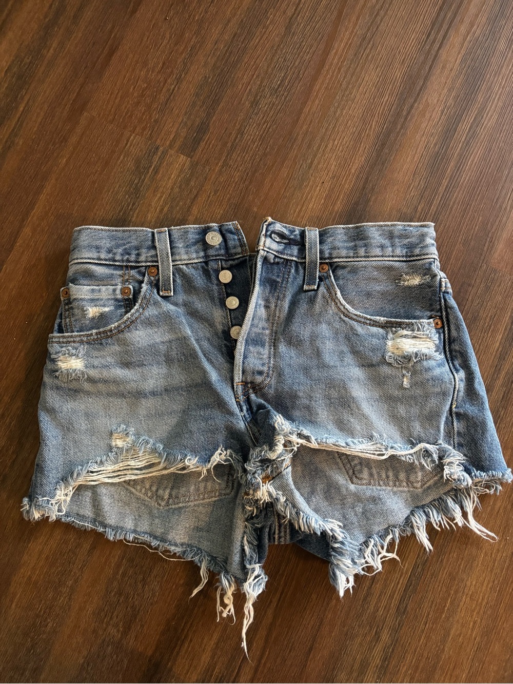 Levi's 501 Light Blue Distressed High-Rise Denim Shorts